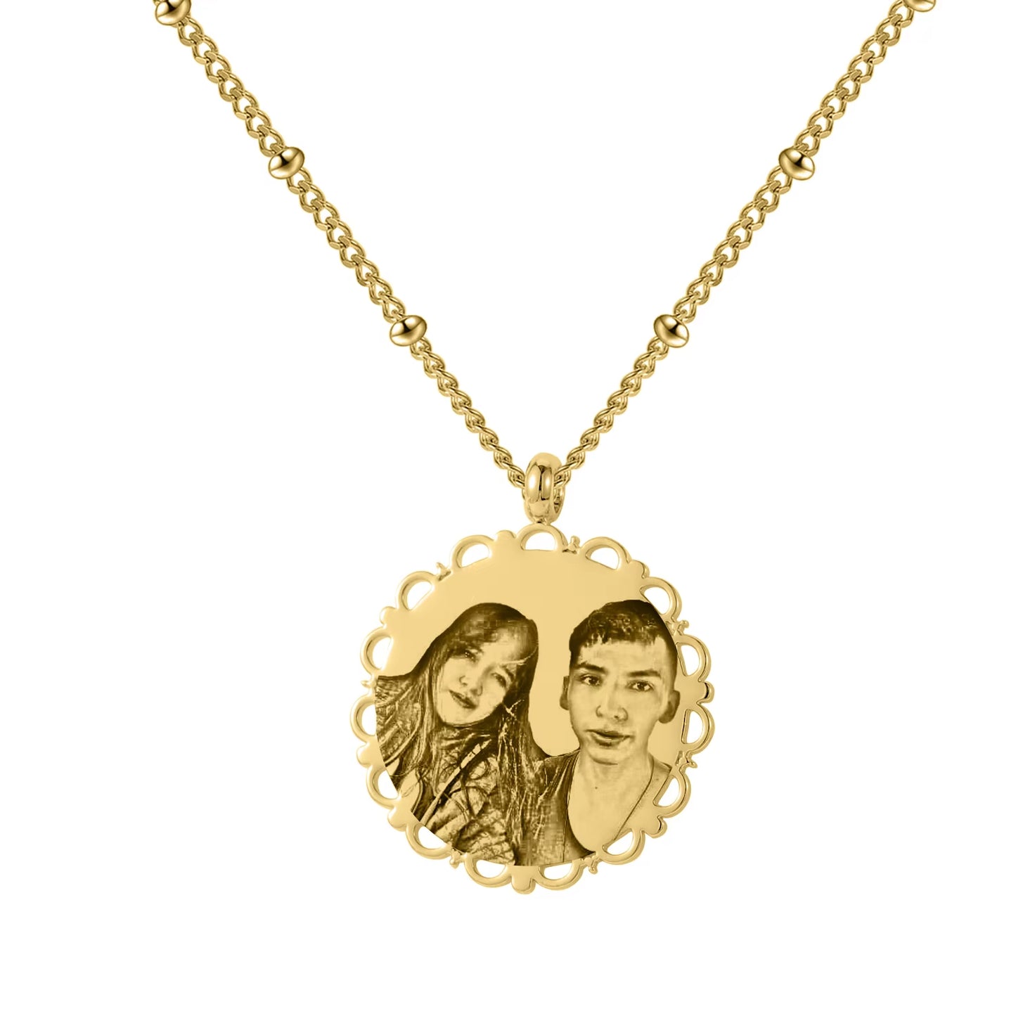Customized Engraved Photo Stainless Steel Lace Necklace Bead Chain Round Portrait Pendant Memorial Gift For Women Couple Jewelry