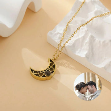 18K Gold-Plated Projection Moon Pendant Necklace with Personalized Hidden Photo/Text