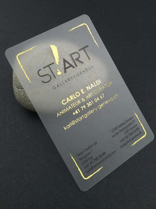 100pcs 9x5.1cm Frosted Transparent Plastic PVC Business Card with Golden Foil Hot Stamped Logo Text