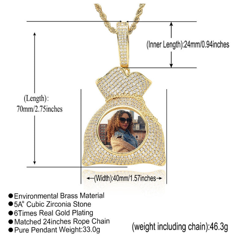 Money Bag Custom Pendant Memory Medallion Chain Necklace for Men Hip Hop Pendant