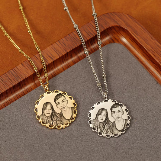 Customized Engraved Photo Stainless Steel Lace Necklace Bead Chain Round Portrait Pendant Memorial Gift For Women Couple Jewelry