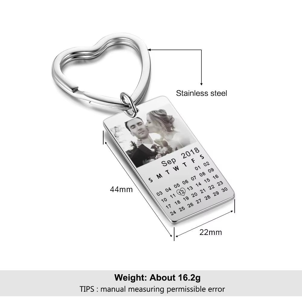 Mother Kids Personalized Calendar Photo Keychain Engraved with Your Date Text Stainless Steel Keyring Wedding Anniversary Gift