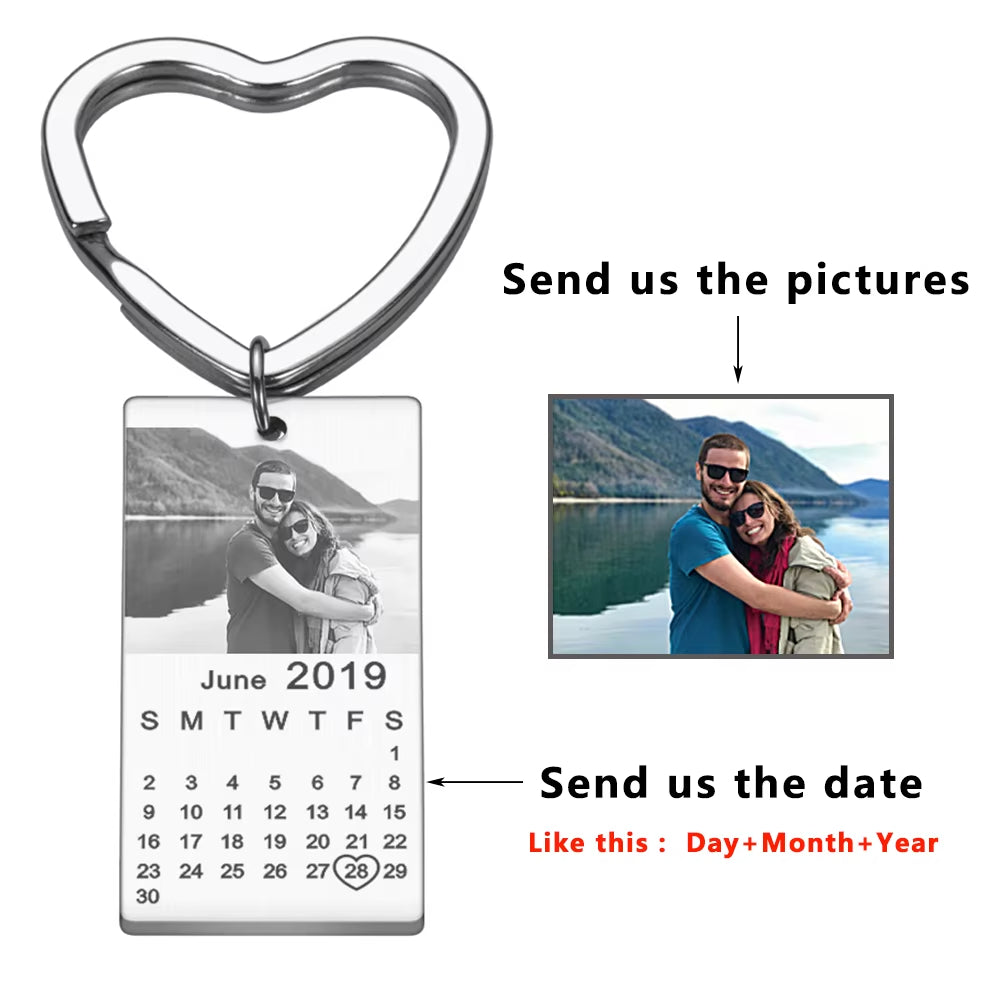 Mother Kids Personalized Calendar Photo Keychain Engraved with Your Date Text Stainless Steel Keyring Wedding Anniversary Gift