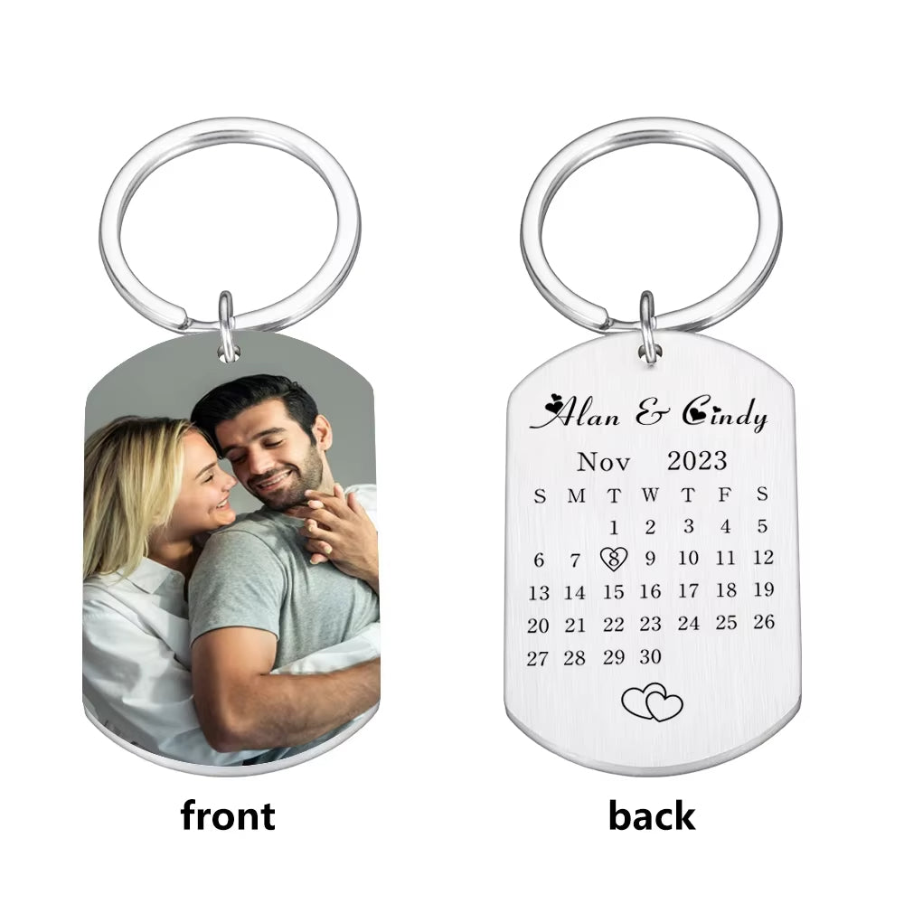 Personalised Calendar Keychain Custom Photo Name Key Chain for Couple Him Her
