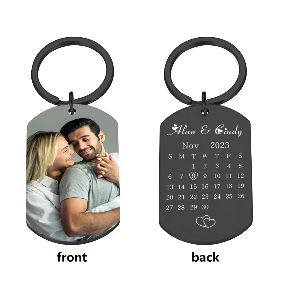 Personalised Calendar Keychain Custom Photo Name Key Chain for Couple Him Her