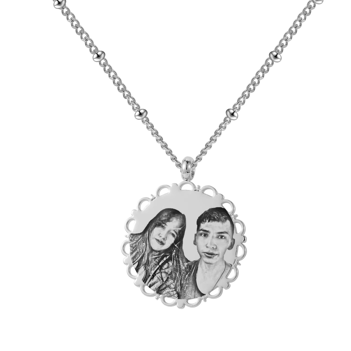 Customized Engraved Photo Stainless Steel Lace Necklace Bead Chain Round Portrait Pendant Memorial Gift For Women Couple Jewelry