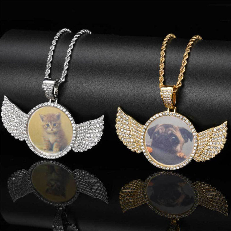 Customized Photo Necklace, Personalized Angel Wing Circular Pendant