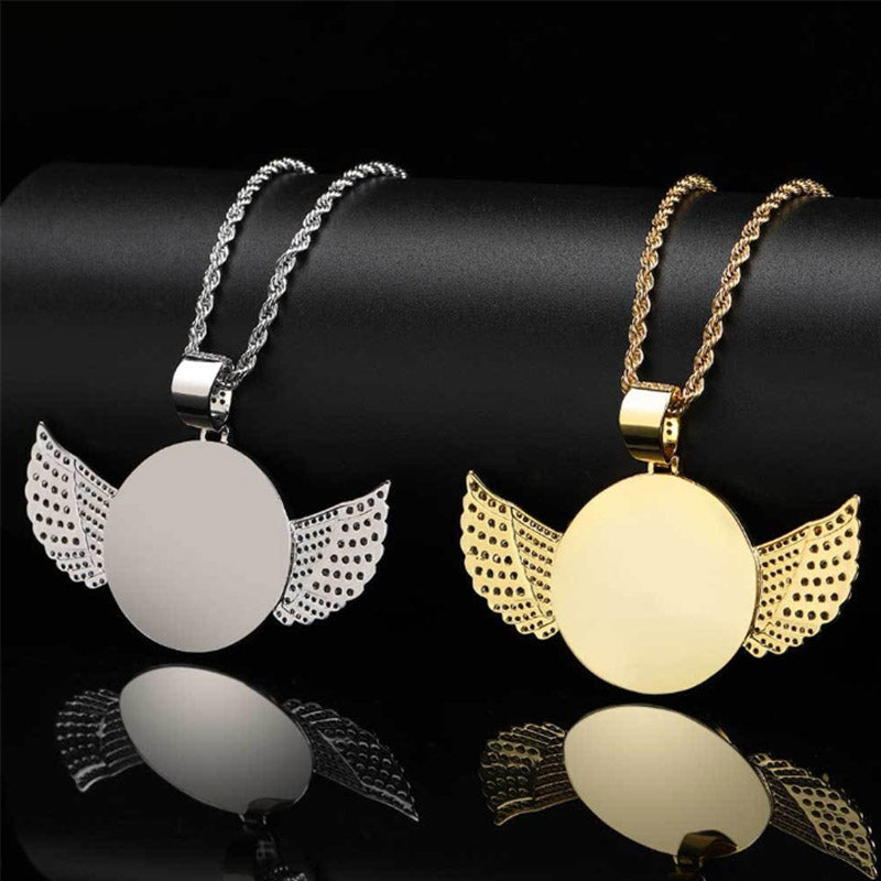 Customized Photo Necklace, Personalized Angel Wing Circular Pendant