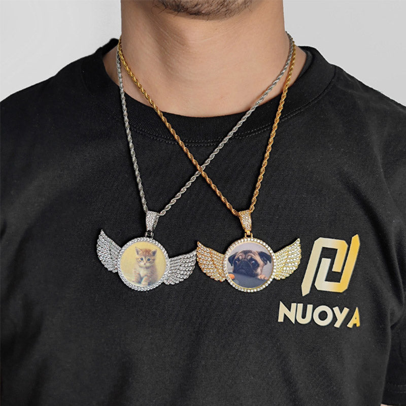 Customized Photo Necklace, Personalized Angel Wing Circular Pendant