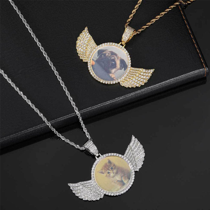 Customized Photo Necklace, Personalized Angel Wing Circular Pendant