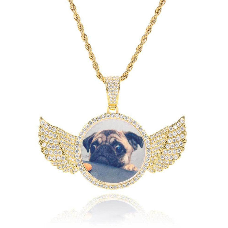 Customized Photo Necklace, Personalized Angel Wing Circular Pendant