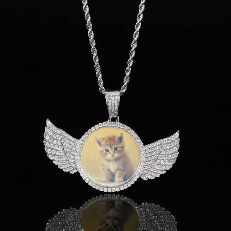 Customized Photo Necklace, Personalized Angel Wing Circular Pendant