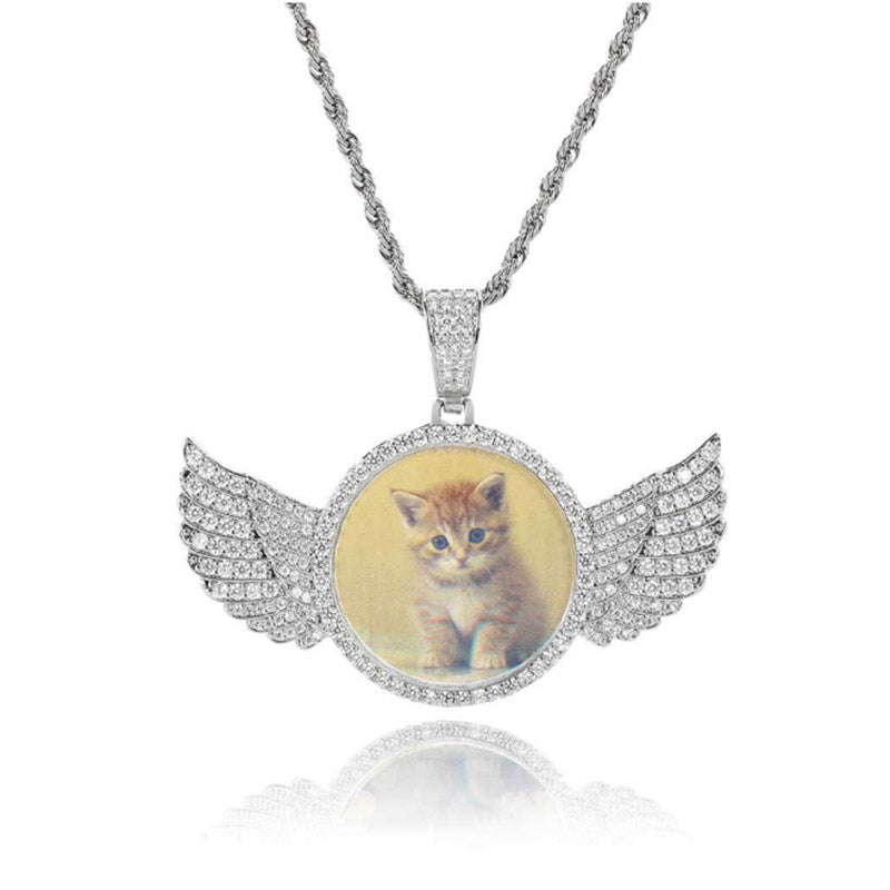 Customized Photo Necklace, Personalized Angel Wing Circular Pendant