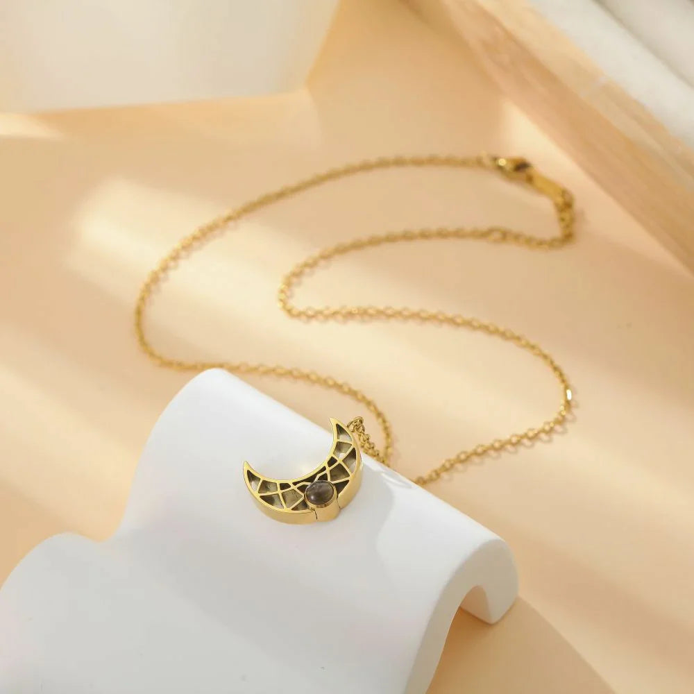 18K Gold-Plated Projection Moon Pendant Necklace with Personalized Hidden Photo/Text