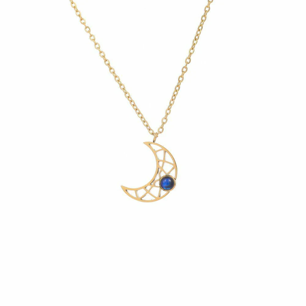 18K Gold-Plated Projection Moon Pendant Necklace with Personalized Hidden Photo/Text