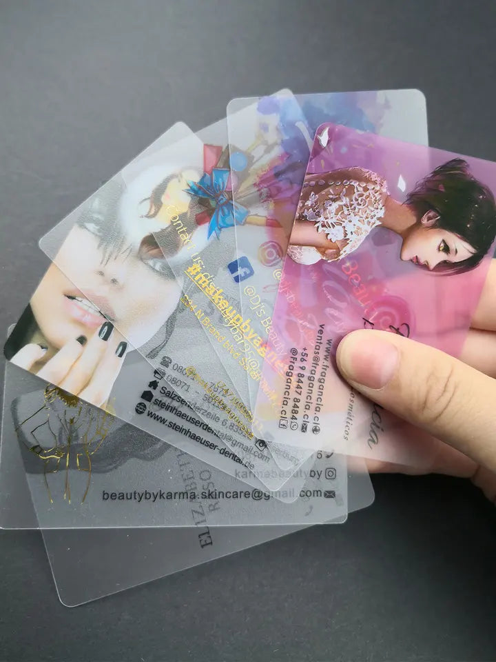 100pcs 9x5.1cm Frosted Transparent Plastic PVC Business Card with Golden Foil Hot Stamped Logo Text