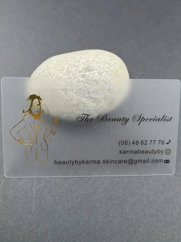 100pcs 9x5.1cm Frosted Transparent Plastic PVC Business Card with Golden Foil Hot Stamped Logo Text