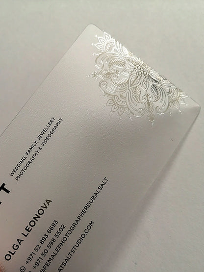 100pcs 9x5.1cm Frosted Transparent Plastic PVC Business Card with Golden Foil Hot Stamped Logo Text