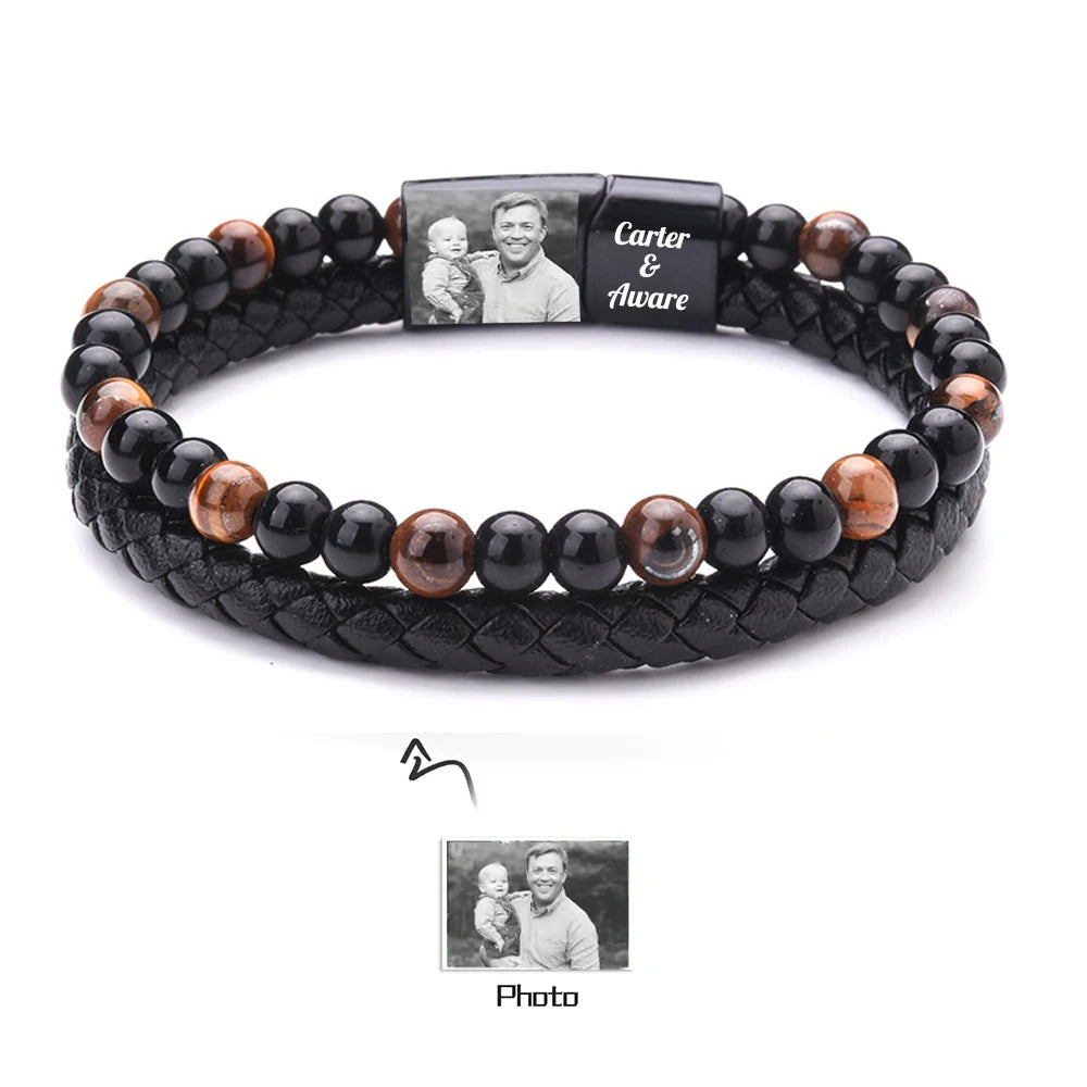 Personalized Men Photo Bracelets with Beads Custom 2 Name Engraved Magnet Bracelets