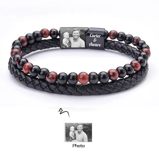 Personalized Men Photo Bracelets with Beads Custom 2 Name Engraved Magnet Bracelets