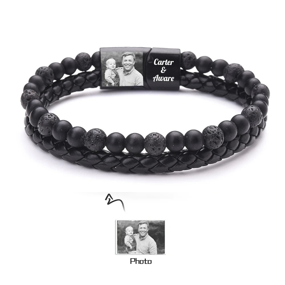 Personalized Men Photo Bracelets with Beads Custom 2 Name Engraved Magnet Bracelets