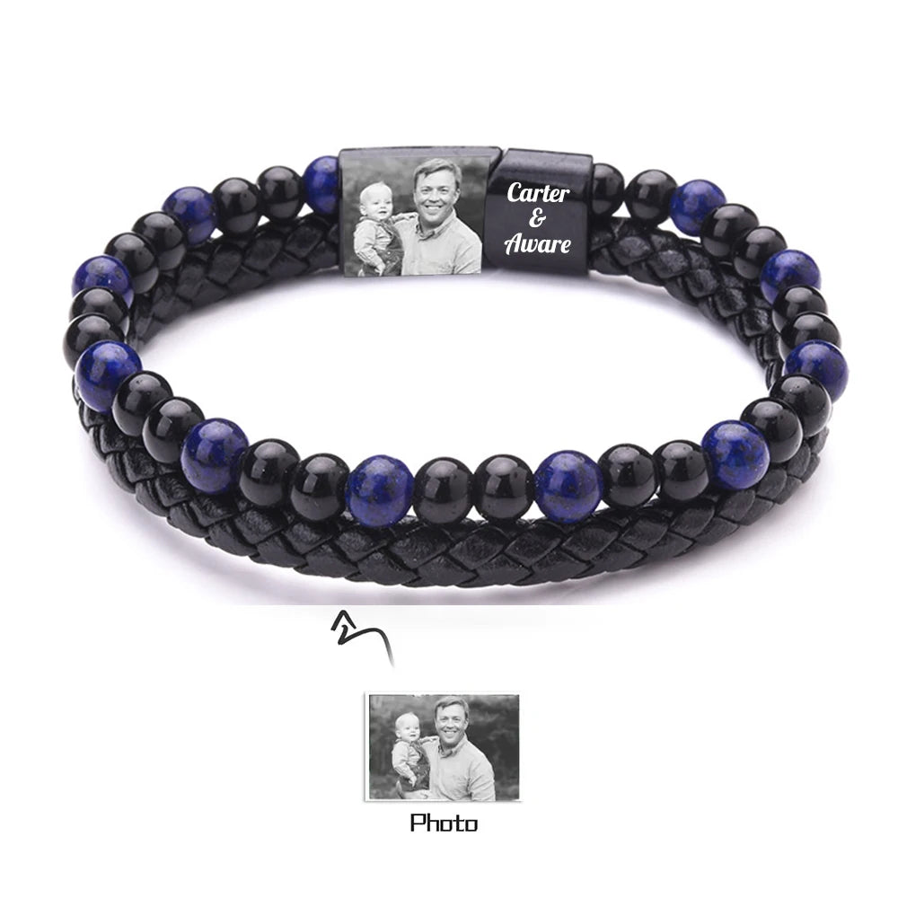 Personalized Men Photo Bracelets with Beads Custom 2 Name Engraved Magnet Bracelets