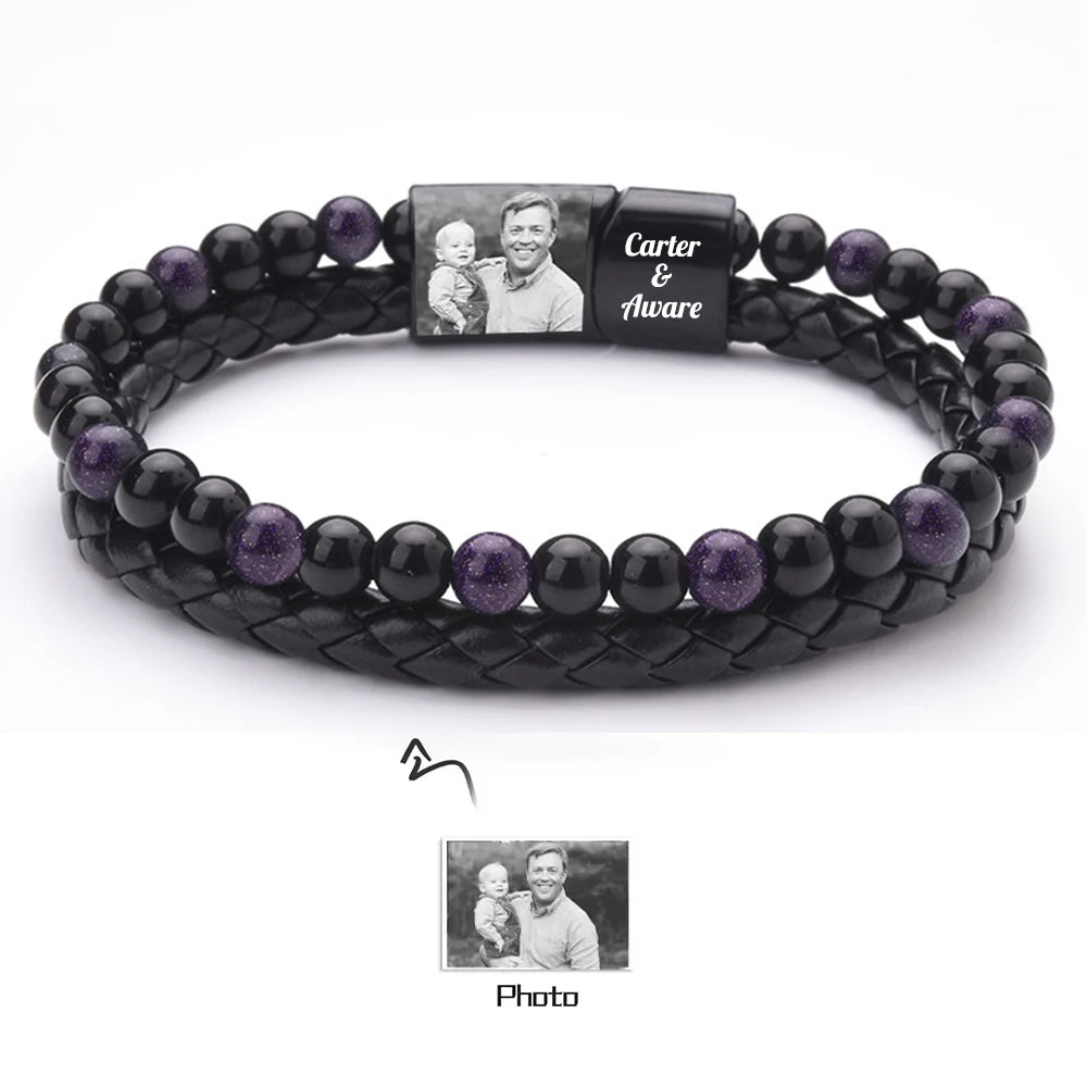 Personalized Men Photo Bracelets with Beads Custom 2 Name Engraved Magnet Bracelets