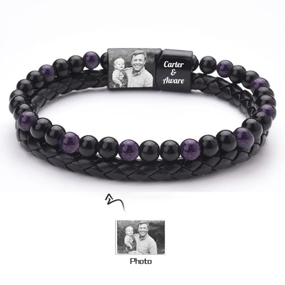 Personalized Men Photo Bracelets with Beads Custom 2 Name Engraved Magnet Bracelets