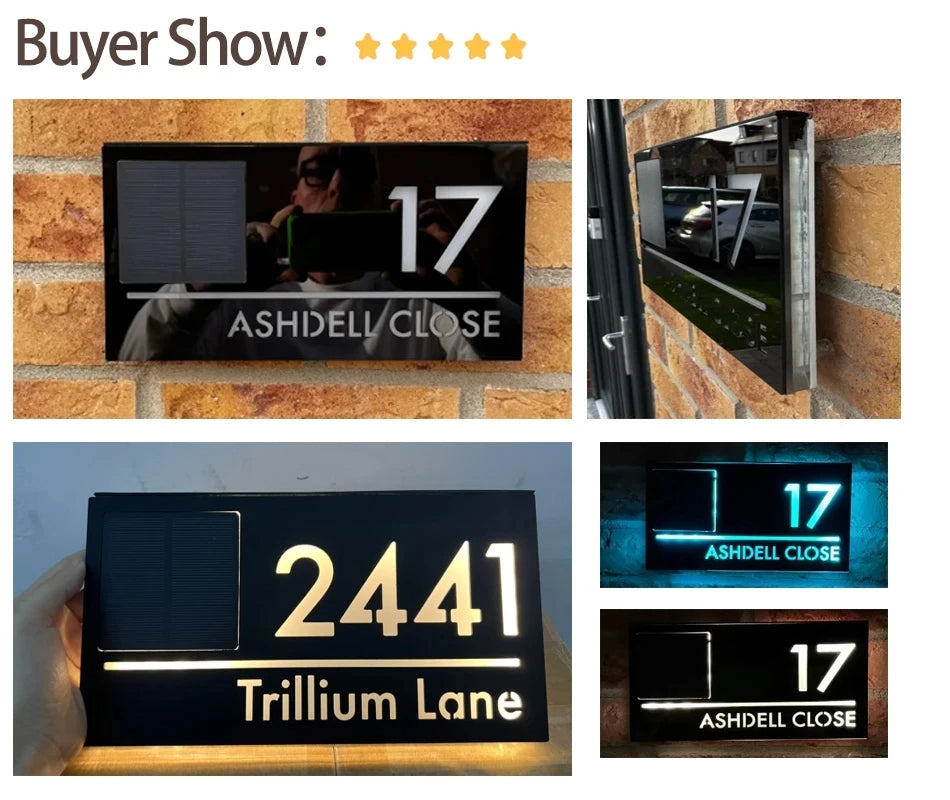 Solar Outdoor House Number 3D Laser Cut Acrylic House Name Plate Address Door Sign