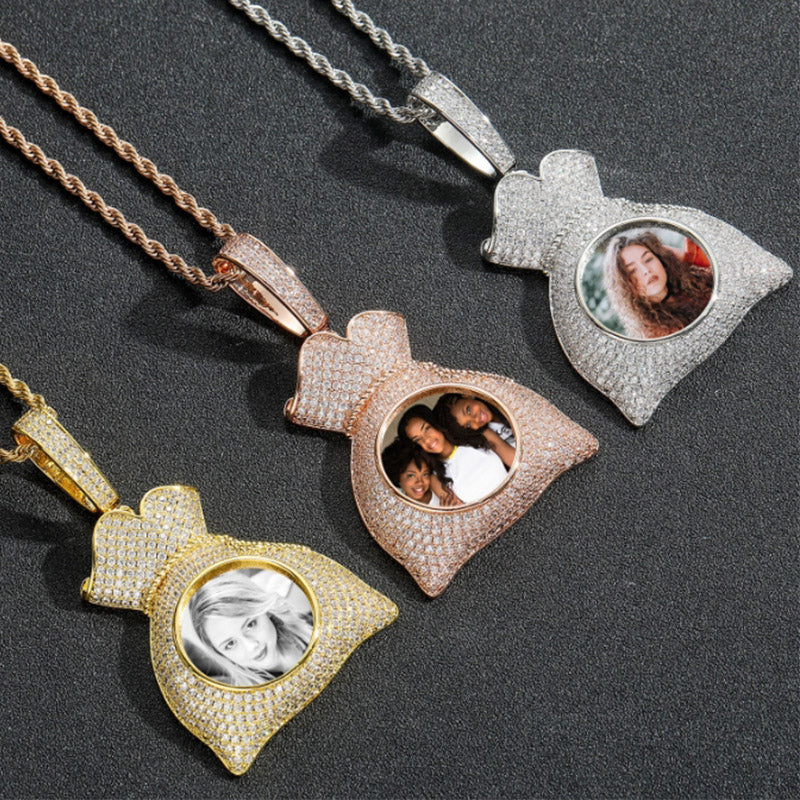 Money Bag Custom Pendant Memory Medallion Chain Necklace for Men Hip Hop Pendant