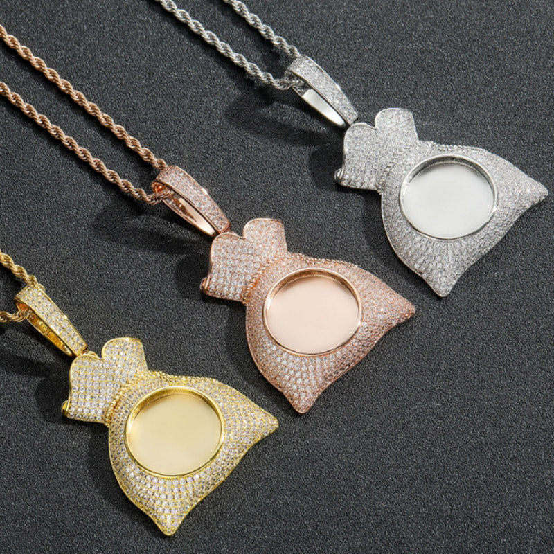 Money Bag Custom Pendant Memory Medallion Chain Necklace for Men Hip Hop Pendant