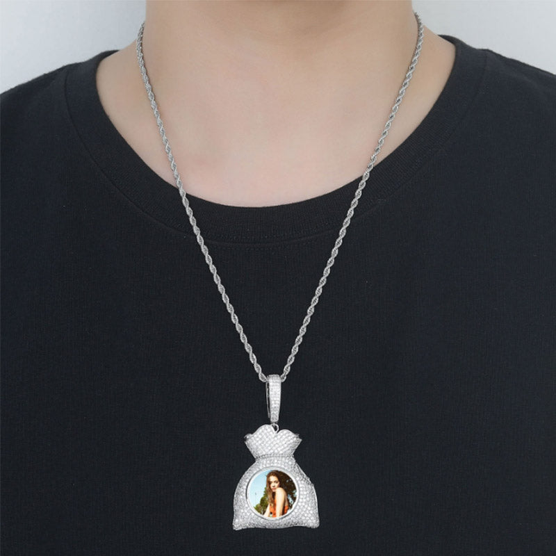 Money Bag Custom Pendant Memory Medallion Chain Necklace for Men Hip Hop Pendant