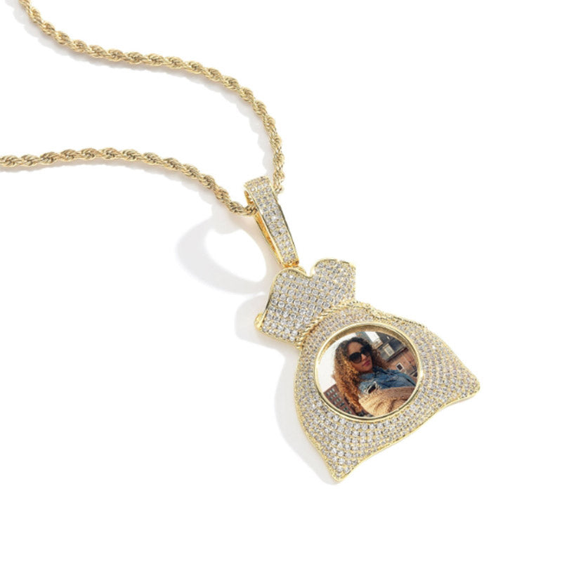 Money Bag Custom Pendant Memory Medallion Chain Necklace for Men Hip Hop Pendant
