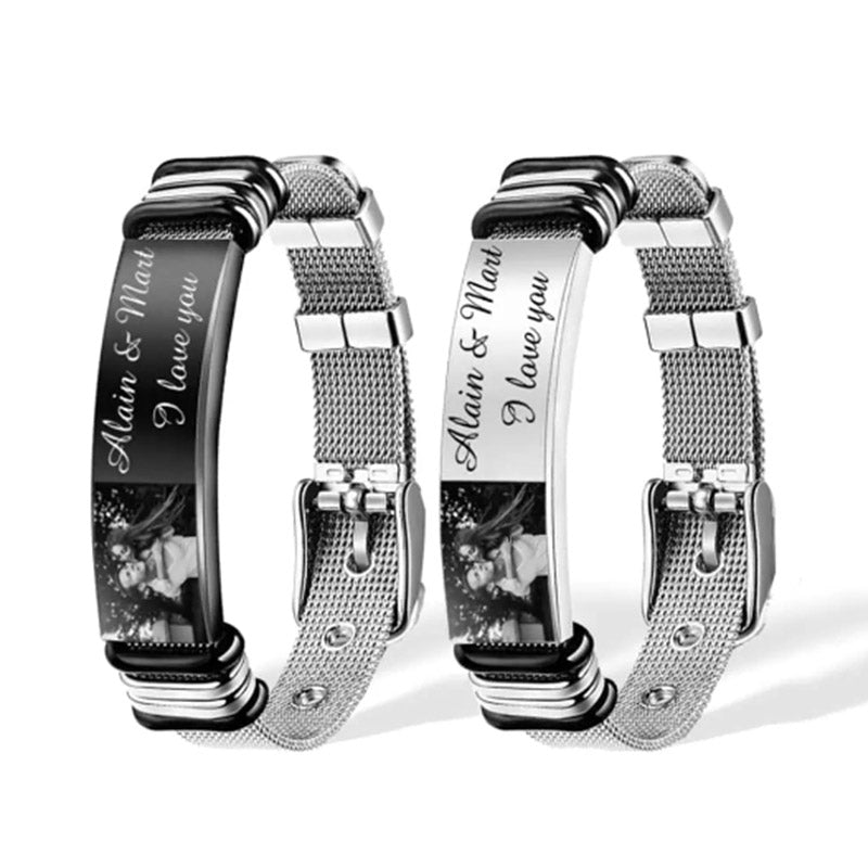 Personalized Men Photo Bracelet Engraved ID Bar Bracelet for Father