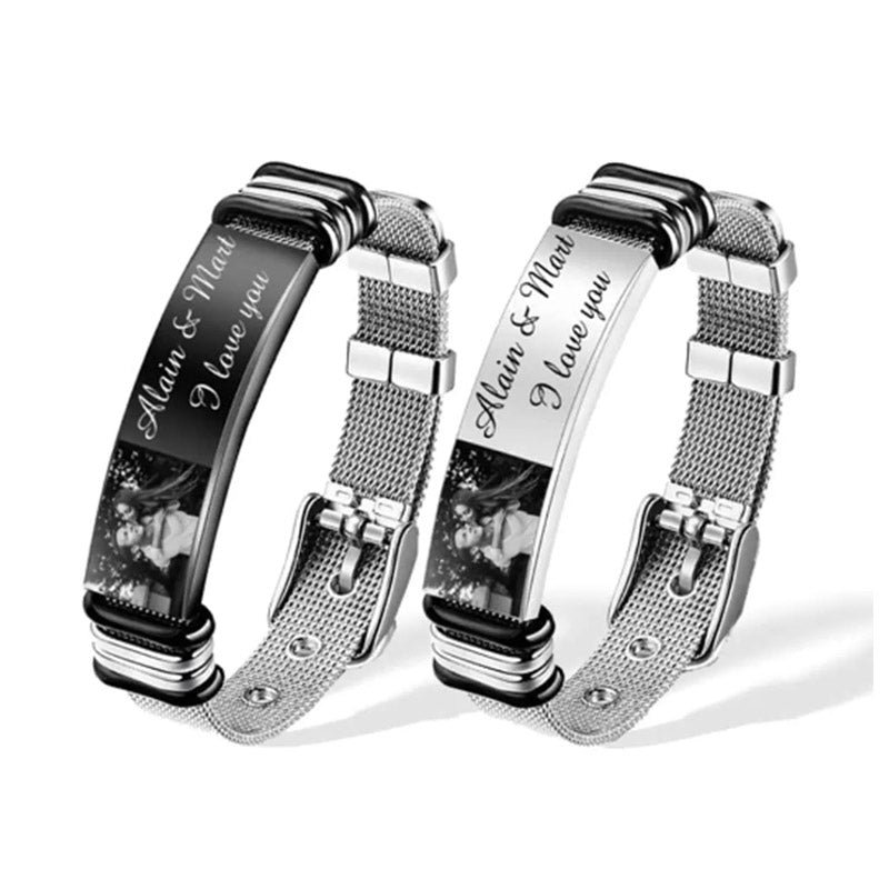 Personalized Men Photo Bracelet Engraved ID Bar Bracelet for Father