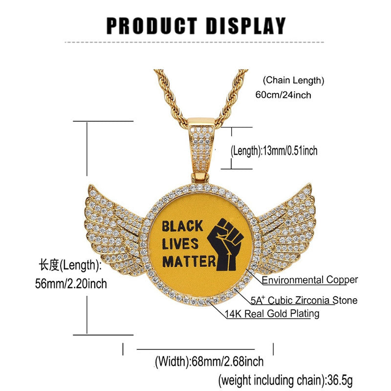 Gold Plated Black Lives Matter Wings Pendant Necklace for Men Women